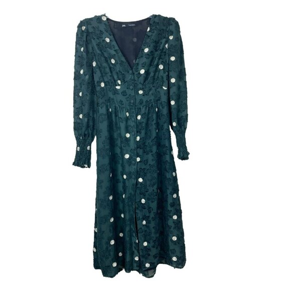 Zara Emerald Green Sheer Textured Polka Dot Dress Medium Limited Edition - Picture 4 of 16